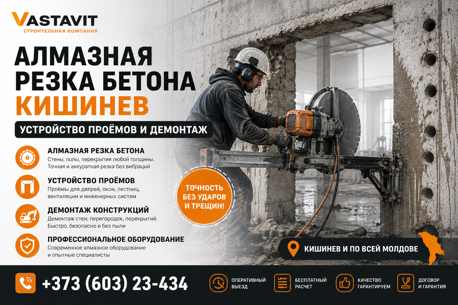 Алмазная резка бетона Кишинев — устройство проёмов и демонтаж