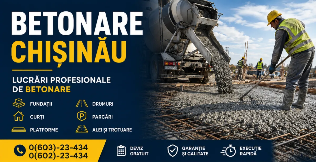 Betonare Chișinău ⭐️ Turnare Beton cu Pompă, Vibrare și Finisare Profesională