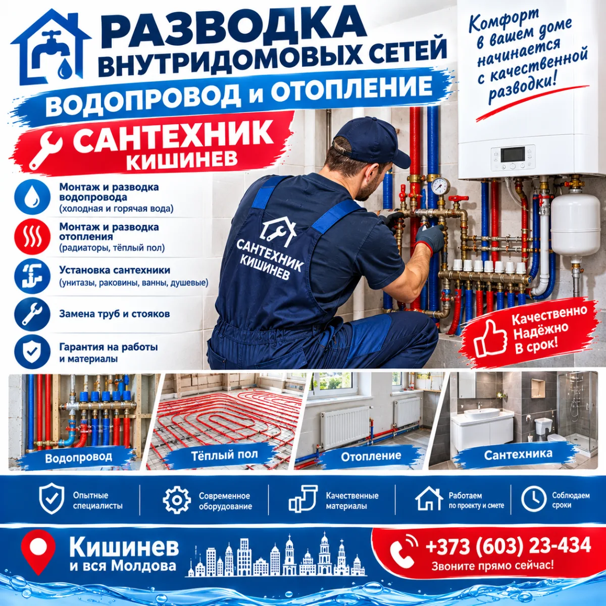 Разводка внутридомовых сетей - водопровод и отопление Сантехник Кишинев