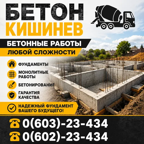Бетонные работы Кишинев ⭐ Заливка фундаментов, плит, перекрытий, колонн и бетонных площадок