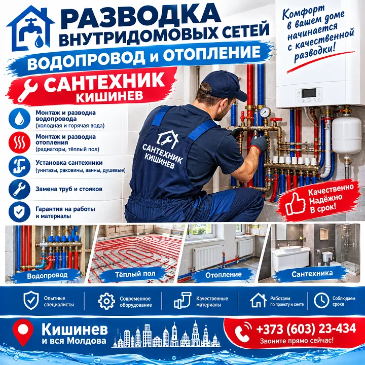 Разводка внутридомовых сетей - водопровод и отопление Сантехник Кишинев