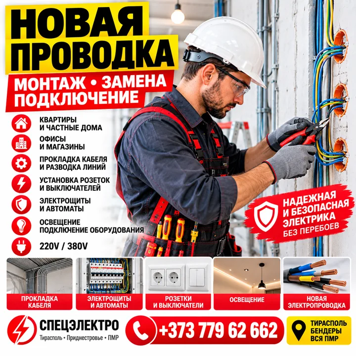 Новая Электропроводка в ПМР — Монтаж, Замена и Подключение Под Ключ
